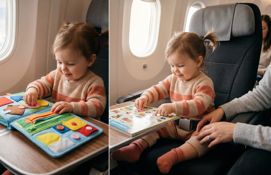 Toddler using screen-free airplane toys including stickers and a soft busy book