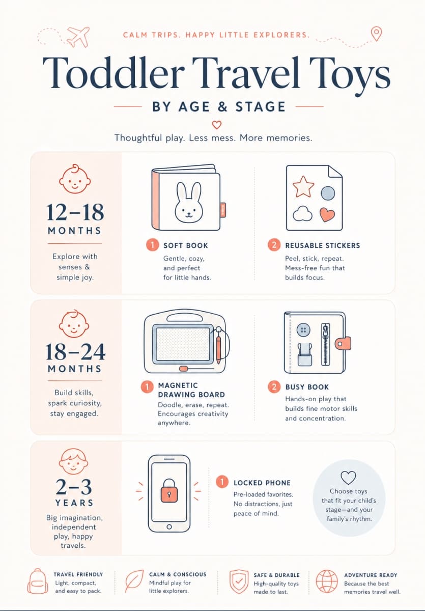 Infographic showing toddler airplane toys by age from 12 months to 3 years