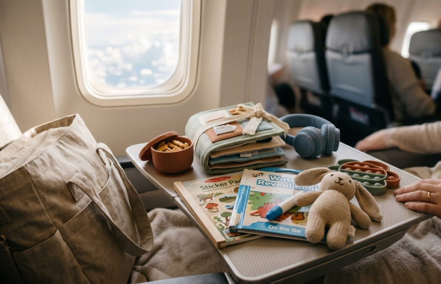 Compact toddler travel toy kit with stickers, quiet book, snack cup, and comfort toy